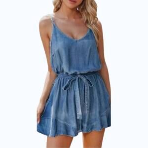 NEW FASHIONWORKS spaghetti straps belted ruffle leg cambray romper in missy